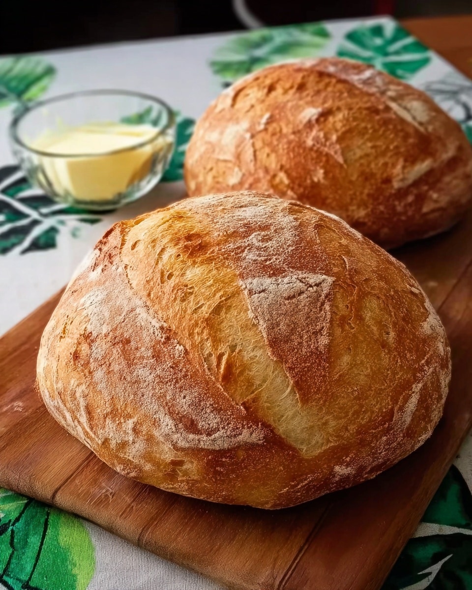 Two round loaves of bread with golden brown, crispy crusts and slightly cracked surfaces sit side by side on a rectangular wooden cutting board. The cutting board rests on a white marbled surface covered partly by a cloth with green and black leaf patterns. In the blurred background, there is a clear glass bowl of light yellow butter on the right and a white dish above the loaves. The lighting softly highlights the textures of the bread crusts and the wood grain of the board. Photo taken with an iphone --ar 4:5 --v 7