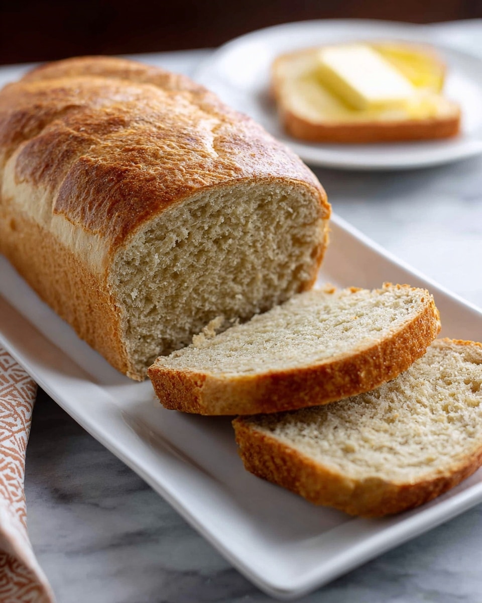 A loaf of bread with a golden brown crust sits on a white rectangular plate. The bread is slightly rough on the crust with a textured, soft interior shown by two cut slices placed in front and to the side of the main loaf. Behind the plate, there is a blurred white plate holding a slice of bread with butter spread on it. The surface beneath the plate is a white marbled texture. photo taken with an iphone --ar 4:5 --v 7