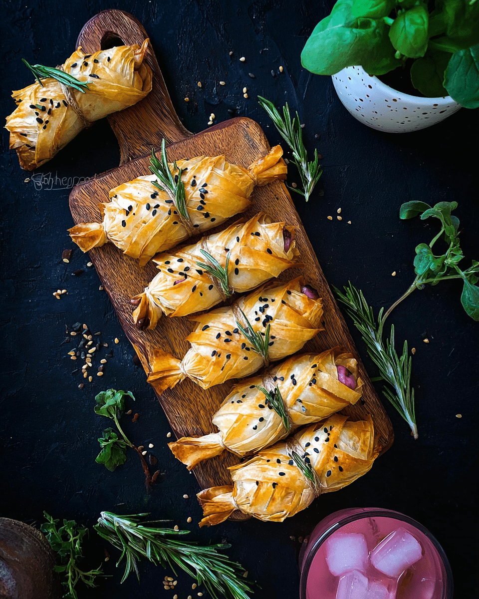 The image shows six golden-brown baked pastries shaped like wrapped candies, placed on a small wooden board. Each pastry has a crispy, crinkled texture with sealed ends tied with small green herb sprigs resembling rosemary. The pastries are sprinkled with black sesame seeds, adding contrast to the shiny golden surface. One pastry lies beside the board, also tied with a green herb. The board is set on a dark background with scattered fresh herb sprigs around it. At the top right, there is a white pot with green leafy plants, and at the bottom right, there is a glass of pink drink with ice cubes. The overall colors are warm, natural, and earthy, with a focus on the golden pastries photo taken with an iphone --ar 4:5 --v 7