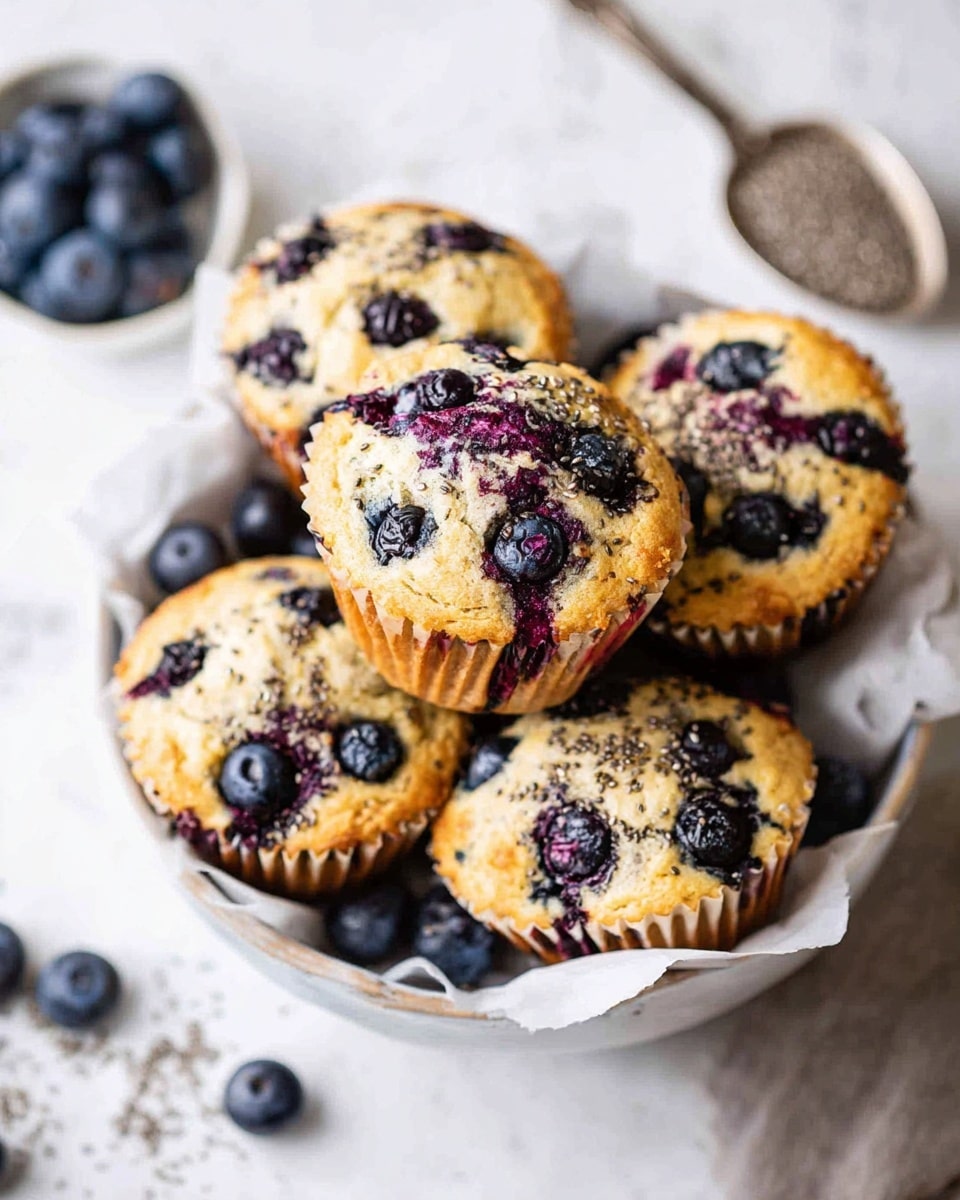 A close-up view of six blueberry muffins arranged in a white bowl lined with white parchment paper, each muffin featuring a light golden top textured with visible soft crumbs and dotted generously with dark blue, plump blueberries that have burst slightly to show deep purple juice stains. Some muffins are stacked partially on one another, showing golden brown ridged paper cups holding the bakings. Around the bowl on a white marbled surface, there are scattered fresh blueberries along with a silver spoon filled with chia seeds visible in the background. The lighting is bright, highlighting the muffins’ moist texture and fresh berries. Photo taken with an iphone --ar 4:5 --v 7