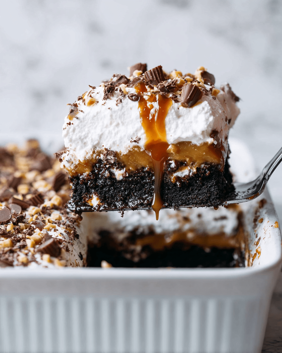 A close-up of a dessert showing three clear layers in a white dish: at the bottom, a golden caramel layer, then a thick black moist cake layer with gooey caramel dripping, topped with a thick white whipped cream layer sprinkled with crushed nuts and chocolate pieces. A slice is being lifted with a shiny spatula, revealing the rich textures of the cake and caramel. The background has a white marbled texture. Photo taken with an iphone --ar 4:5 --v 7