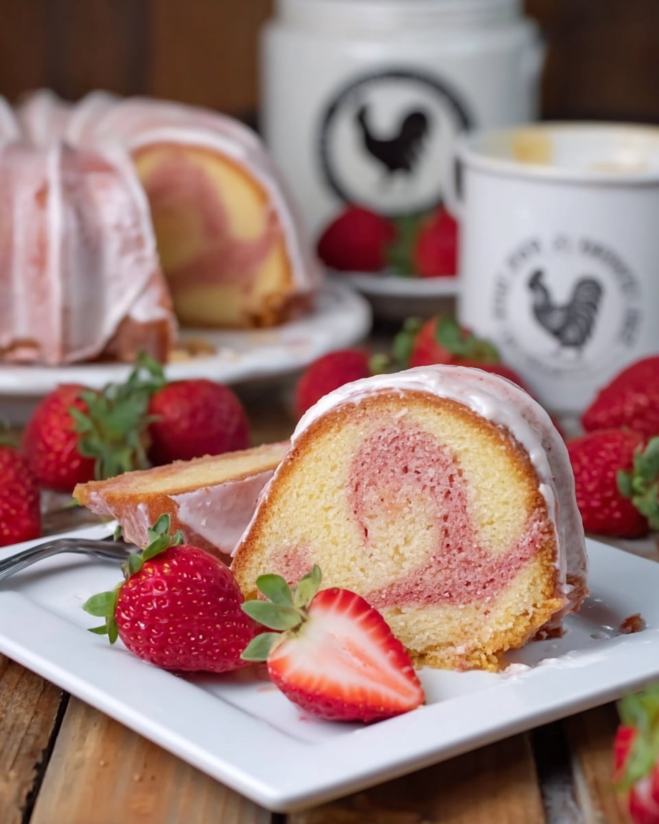 A single slice of pink and cream swirled cake with a thin white frosting layer covers the curved side, resting on a white square plate. The cake has a soft, spongy texture with visible swirls of light pink and pale yellow. Beside the cake on the plate, there are three fresh red strawberries, one cut in half showing its juicy interior. The plate is set on a wooden surface with more strawberries scattered around. In the background, there is a whole swirl cake with white frosting draped over it on another white plate along with more strawberries and a white ceramic container with a black label featuring a rooster illustration. Photo taken with an iphone --ar 4:5 --v 7