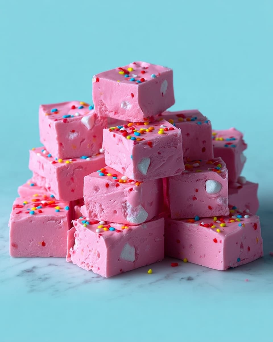 A pile of bright pink fudge squares stacked unevenly on a smooth white marbled surface, each piece showing a soft, creamy texture with small white marshmallow bits scattered inside. The fudge layers are thick and smooth with rounded edges, topped with small, colorful round sprinkles in red, yellow, green, and blue that add a fun touch to the soft pink color. The background is a solid light blue, making the pink fudge stand out clearly. photo taken with an iphone --ar 4:5 --v 7