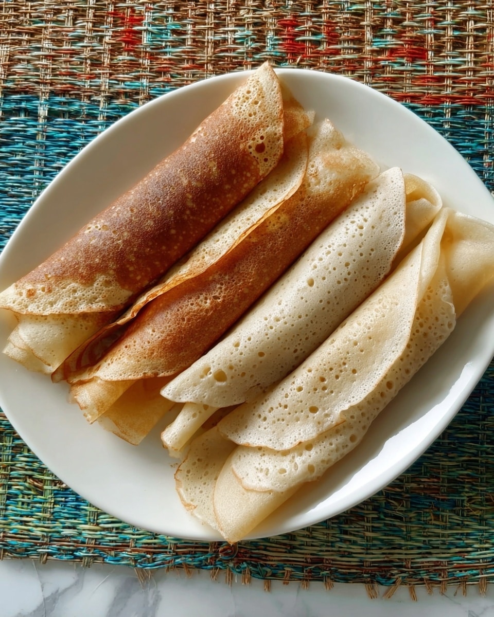 Four rolled crepes are arranged side by side on a white elongated plate. The crepes alternate in color, with the first and third being golden brown with a slightly crispy texture and small air bubbles visible on the surface, while the second and fourth are pale beige with a smooth, soft texture and a few bubbles. Each crepe is tightly rolled with one end slightly open, showing a light filling inside. The plate sits on a white marbled surface with a woven mat featuring blue and green patterns partially visible beneath. Photo taken with an iphone --ar 4:5 --v 7