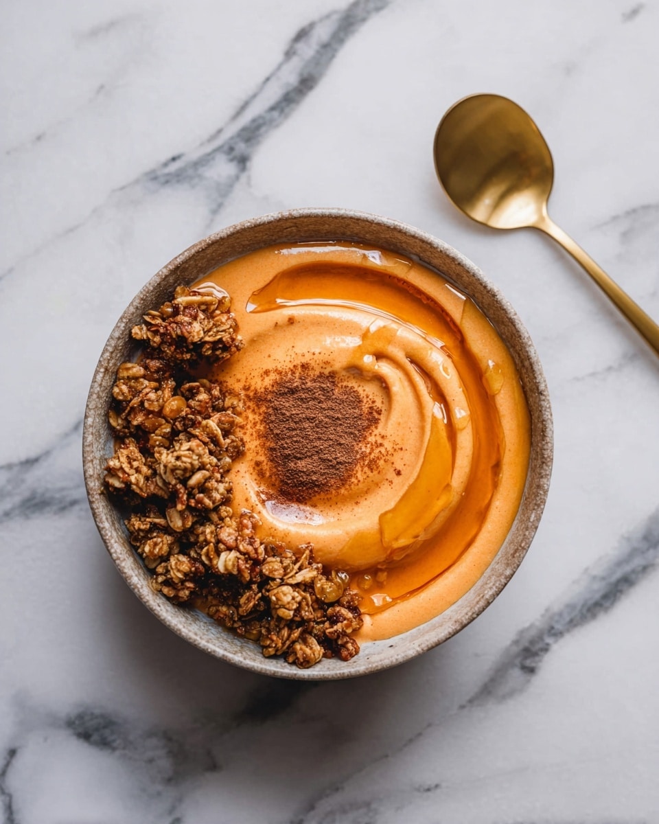 A round bowl with a smooth orange swirl layer filling most of the bowl, topped with a sprinkle of fine cinnamon powder in the center, a shiny drizzle of golden honey on one side, and a clump of crunchy brown granola arranged along the opposite side. The bowl sits on a white marbled surface, and a golden spoon is placed nearby. photo taken with an iphone --ar 4:5 --v 7
