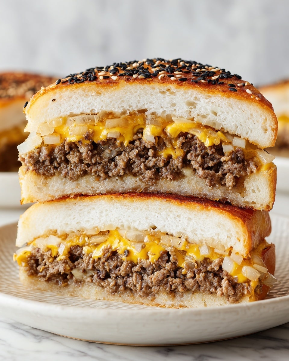 The image shows a sandwich cut in half and stacked, placed on a white plate with a subtle gray pattern, resting on a white marbled surface. The sandwich has a golden brown, slightly toasted outer bread with black sesame seeds on top. Inside, there are two main layers: a thick layer of cooked ground beef that looks juicy and well-cooked, and a layer of melted cheddar cheese that is smooth and bright yellow, oozing out slightly. Alongside these layers is a creamy white sauce that adds moisture and richness, visible between the beef and cheese and on the bread’s interior. The sandwich looks warm, rich, and very filling, with textures from crunchy bread to soft melted cheese and tender meat. photo taken with an iphone --ar 4:5 --v 7