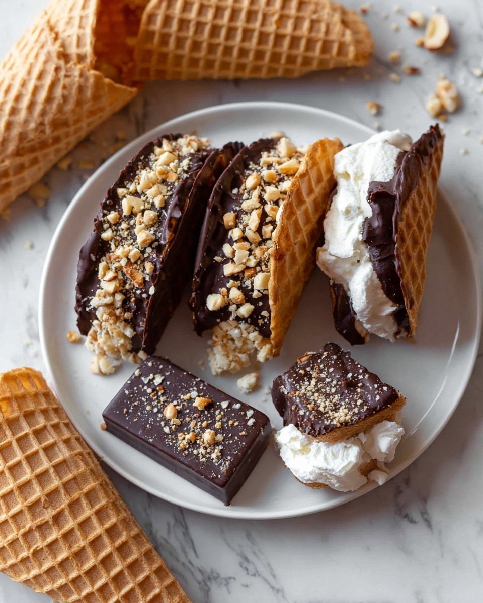 The image shows a white plate on a white marbled surface, holding three waffle taco-shaped desserts dipped in thick dark chocolate, with one half of these chocolate-coated waffles topped with crushed nuts. Alongside them, there are two smaller, rectangular pieces also coated in dark chocolate and sprinkled with nut pieces, filled with white cream. Around the plate, there are more waffle shells and a waffle taco filled with white cream resting directly on the surface, adding texture and contrast to the scene. photo taken with an iphone --ar 4:5 --v 7