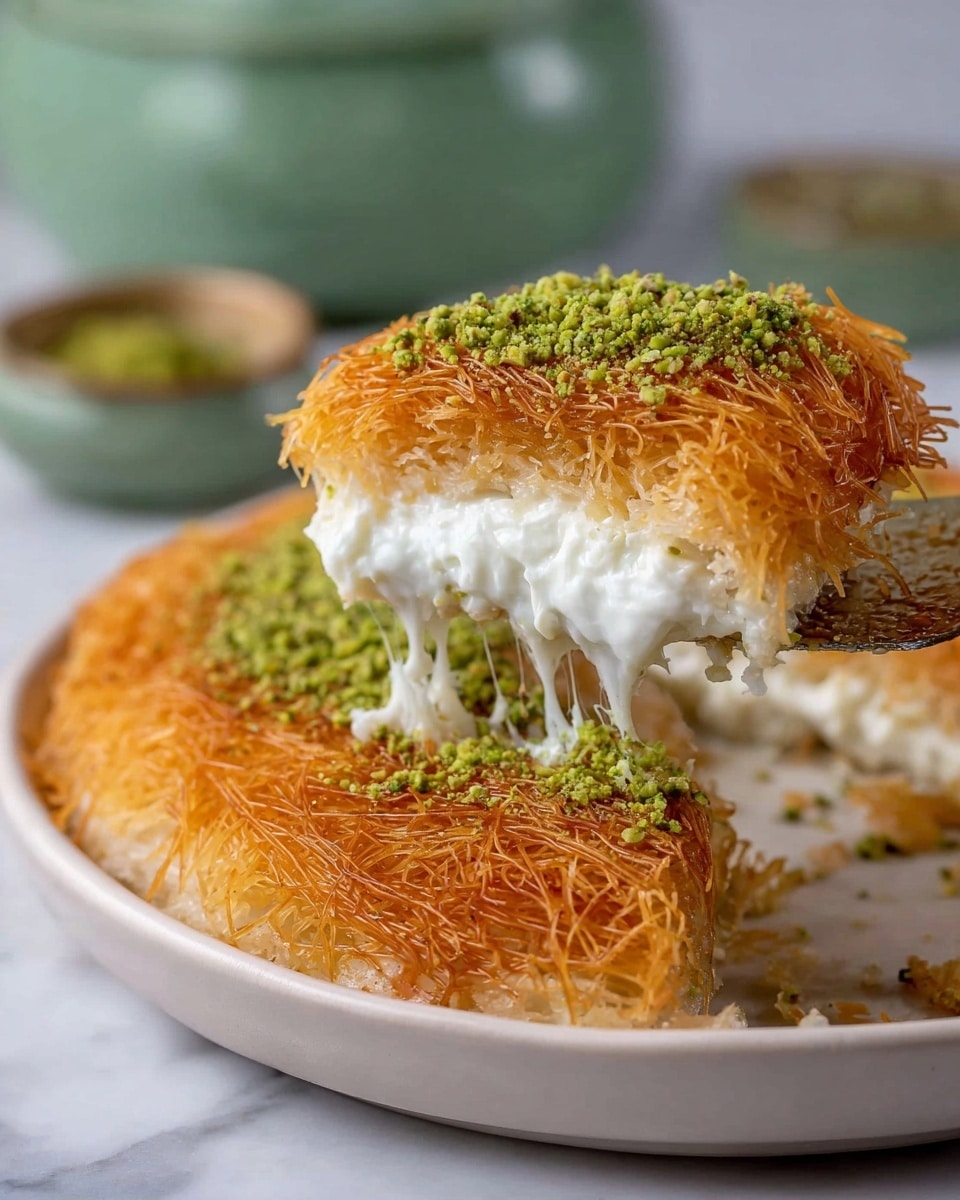 The image shows a round dessert cut into triangular slices arranged on a white plate. The dessert has a top layer of golden brown, crispy fine strands creating a crunchy texture. Below this is a lighter, creamy middle layer that looks soft and slightly oily. Each slice is topped with a small pile of finely ground green pistachios, adding a fresh contrast to the warm brown color. The plate rests on a white marbled surface, and one slice is slightly pulled away, showing the layers clearly. Photo taken with an iphone --ar 4:5 --v 7