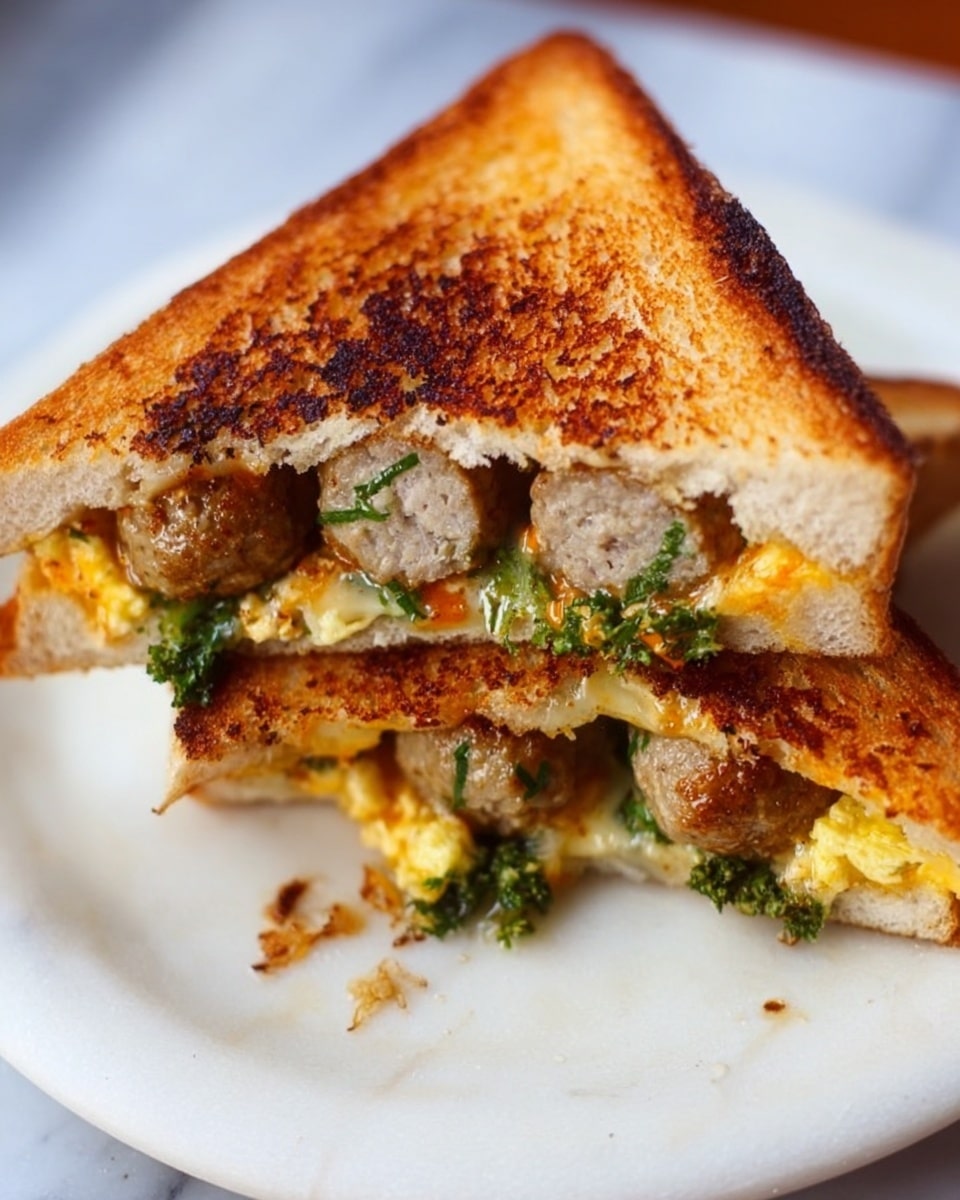The image shows a close-up of a sandwich cut diagonally in half and placed on a white plate on a white marbled surface. The sandwich has three visible layers: the top and bottom layers are golden-brown toasted bread with a slightly crispy texture and some darker spots, the middle layer contains a thick piece of cooked sausage or patty with a light brown color and a rough texture, and underneath the sausage there is a layer of green leafy vegetables. Some melted cheese is visible between the layers, slightly oozing out near the edges. Photo taken with an iphone --ar 4:5 --v 7