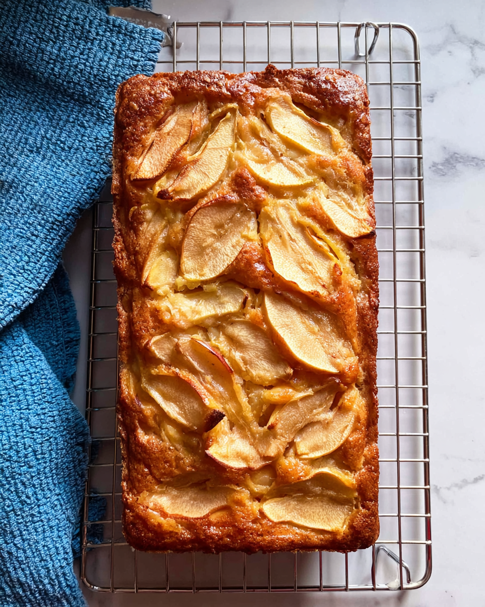 The image shows a close-up of a thick rectangular slice of apple cake with multiple thin layers of cooked apple, stacked tightly and visible inside the slice, creating a dense and juicy texture. The outer crust is golden brown and slightly crispy, dusted with white powdered sugar, and has some caramelized spots giving it a glossy look. The cake is resting on a white marbled surface. In the background, there are red apples and a metal container blurred out, adding color contrast. Photo taken with an iphone --ar 4:5 --v 7