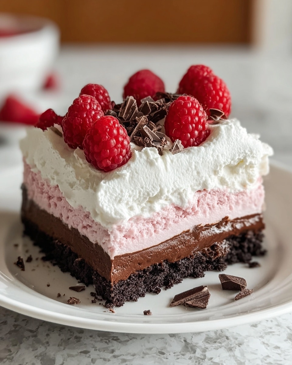 A square slice of dessert with five visible layers sits on a white plate, placed on a white marbled texture. The bottom layer is a dark, crumbly chocolate crust. Above it is a soft pink cream layer with a smooth texture. The middle layer is a thick, glossy dark chocolate cream. On top of that is a fluffy white whipped cream layer, slightly uneven with a soft texture. The top is decorated with bright red raspberries and small pieces of dark chocolate scattered around them. Photo taken with an iphone --ar 4:5 --v 7