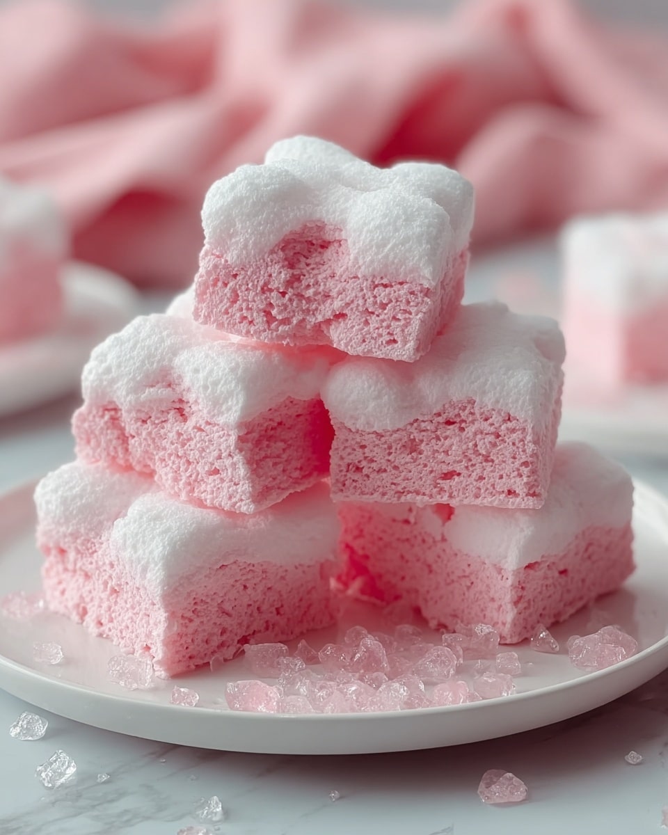 A stack of four pink and white cloud-like marshmallows is arranged in a pyramid on a white plate. Each marshmallow has a soft, fluffy white top layer with a slightly grainy texture and a pink spongy bottom layer with small air holes, creating a contrasting texture. The marshmallow edges are irregular and rounded. Around the base, there are scattered granules of sugar, sparkling lightly. The plate sits on a white marbled surface, and the background is softly blurred with pink tones. photo taken with an iphone --ar 4:5 --v 7