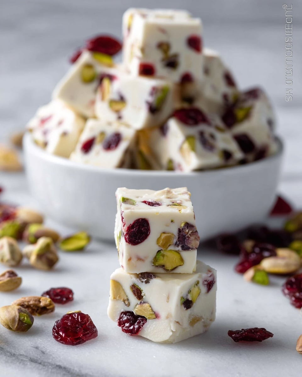 The image shows a white bowl filled with a tall stack of square white fudge pieces, each piece studded with green pistachio nuts and small red dried cranberries. The fudge has a smooth and creamy texture with the nuts and berries clearly embedded inside, creating a contrast of colors and textures. The bowl is placed on a white marbled surface, and the whole scene is brightly lit, highlighting the softness of the fudge and the vibrant colors of the pistachios and cranberries. Photo taken with an iphone --ar 4:5 --v 7