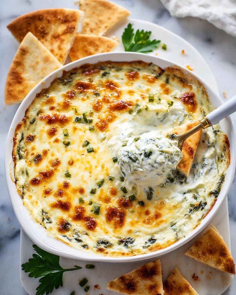 A round white dish filled with a creamy dip that has a golden-brown melted cheese layer on top, scattered with small green herb pieces. Underneath the cheese, a white creamy layer mixed with green spinach is visible where a spoon with a white handle scoops some dip. Around the dip are a few golden toasted pita triangles touching the edge of the dish. A sprig of green parsley lies on the side of the dish, all set on a white marbled surface. Photo taken with an iphone --ar 4:5 --v 7