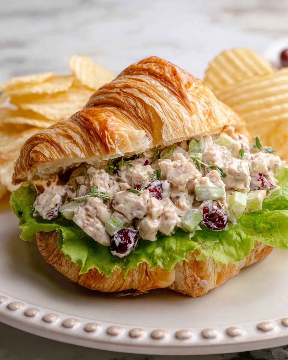 A flaky, golden croissant is cut open and filled with a creamy chicken salad, which has visible chunks of white chicken, light green celery pieces, small red cranberry bits, and tiny herb sprigs, all mixed in a light dressing. Under the chicken salad, there is a crisp, bright green leaf of lettuce, creating a fresh base. The croissant sandwich sits on a white plate with a beaded edge, and in the background, a small stack of golden, ridged potato chips is partially visible. The setting is on a white marbled textured surface. photo taken with an iphone --ar 4:5 --v 7