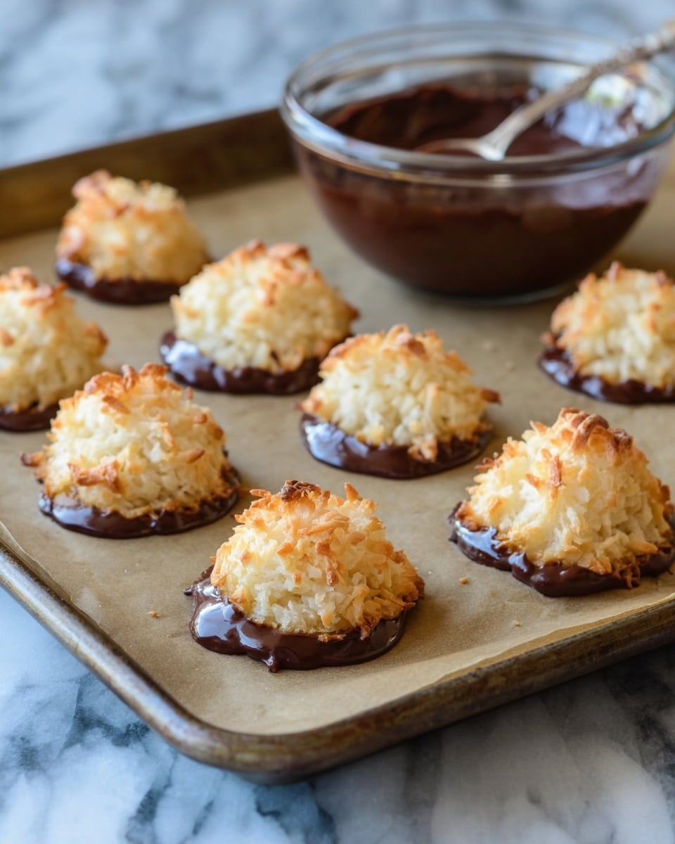 The image shows a baking tray lined with parchment paper holding several small, round coconut macaroons. Each macaroon has a rough, golden-brown textured top layer of toasted coconut with a slightly crispy outside texture. The macaroons sit on a glossy, dark brown chocolate layer that forms an uneven base under each cookie. In the background, there is a clear glass bowl filled with more dark chocolate and a spoon inside it. The tray is placed on a surface with a white marbled texture. photo taken with an iphone --ar 4:5 --v 7