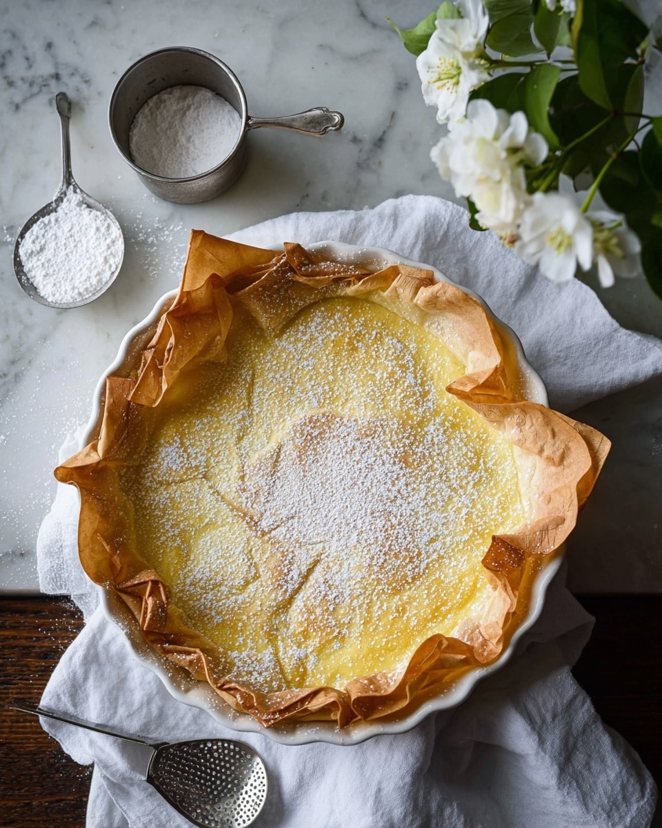 A round pie with a golden yellow filling sits in a white fluted pie dish at the center of the image. The crust is made of multiple layers of thin, crispy, crinkled pastry sheets that are light brown and slightly darker at the edges, folded over the rim of the dish. A light dusting of white powdered sugar is spread unevenly across the top, especially near the center and edges. The dish rests on a white cloth napkin on top of a white marbled surface. Nearby is a metal cup and a small metal scoop filled with powdered sugar, and a silver pie server with cutout patterns lies beside the pie on the napkin. White flowers with green leaves hang from the top right of the scene. photo taken with an iphone --ar 4:5 --v 7