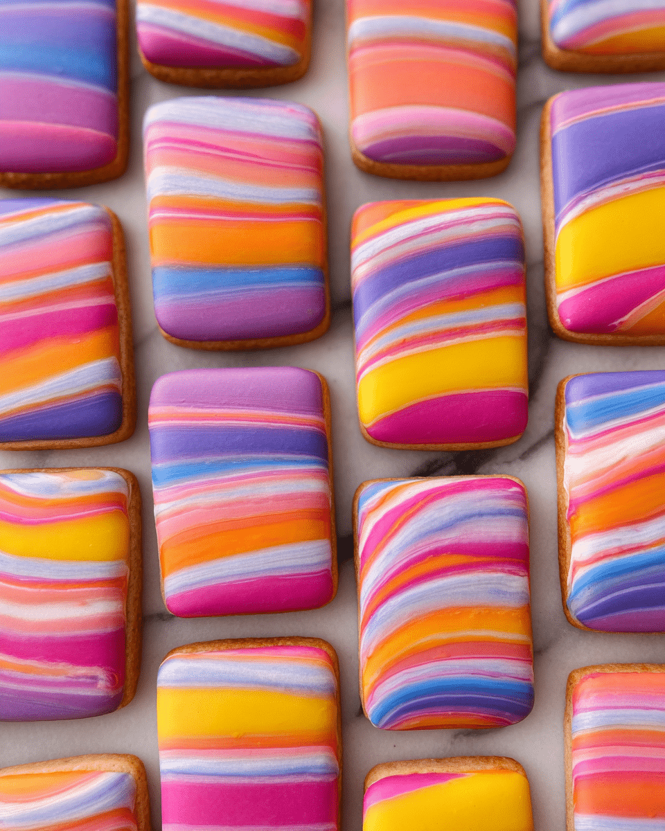 The image shows many rectangular cookies arranged closely together on a white marbled surface. Each cookie has a single smooth layer of colorful icing on top, with bright, wavy stripes in purple, pink, red, yellow, orange, and white running horizontally and diagonally across the cookie surface. The cookie base is light brown and slightly visible around the edges. The icing texture is glossy and evenly spread, with no decoration beyond the striped colors. photo taken with an iphone --ar 4:5 --v 7