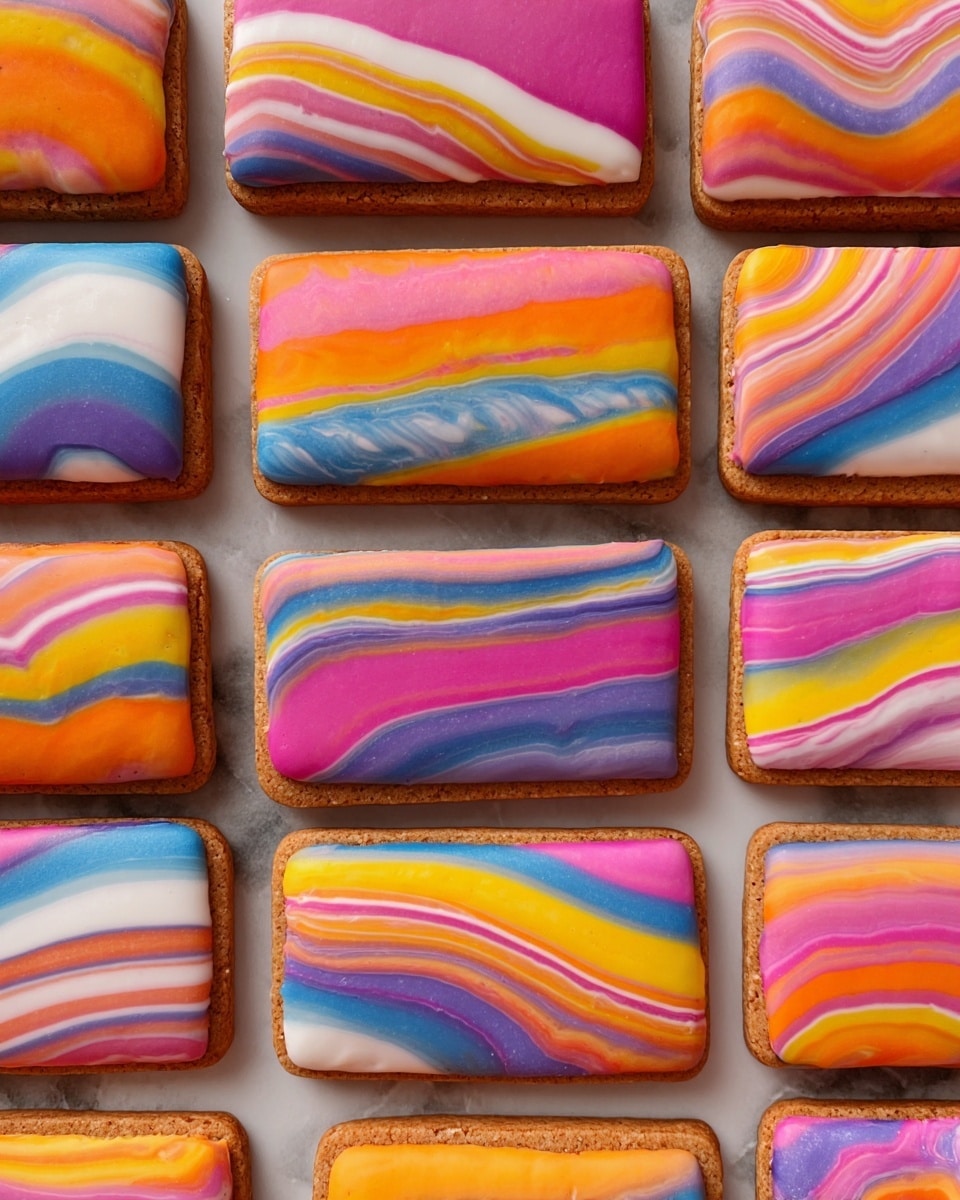 The image shows many rectangular cookies arranged closely together on a surface with a white marbled texture. Each cookie has two layers: a brown, crumbly base layer, and a smooth, glossy top layer of icing with colorful, wavy stripes. The icing stripes include bright colors like orange, pink, purple, yellow, white, and hints of green and blue, blending in soft, flowing patterns across the surface. The cookies are uniform in shape but the colorful icing patterns vary, making each cookie unique. Photo taken with an iphone --ar 4:5 --v 7