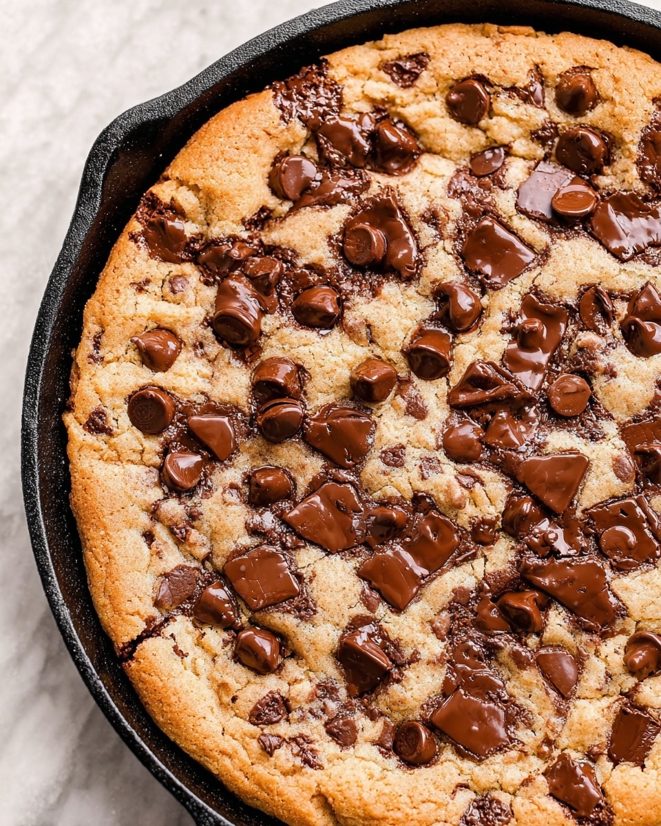 A thick, golden-brown chocolate chip cookie with a rough, uneven surface fills a black cast iron skillet. The cookie has many layers of melted chocolate chunks and chips scattered densely across the surface, creating dark brown spots of glossy and slightly melted textures. The cookie dough around the chocolate is soft and fluffy with cracked, crisp edges. The cast iron skillet edge frames the cookie, contrasting with the warm colors of the baked dough and rich chocolate pieces. The photo is set on a white marbled texture that adds a light, clean background. Photo taken with an iphone --ar 4:5 --v 7
