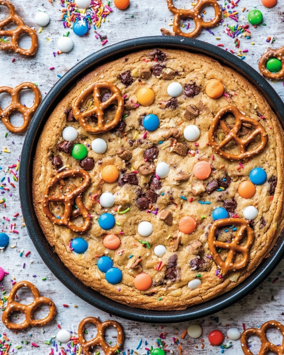 A large round cookie baked in a black pan with a golden brown surface, topped with a mix of colorful candy pieces including orange, blue, green, and brown chocolate-coated candies, white and brown chocolate chips, rainbow-colored sprinkles, and several large pretzels placed evenly across the top. The cookie looks thick and slightly soft with a textured surface, resting on a white marbled texture background with scattered colorful candies and pretzels around it. photo taken with an iphone --ar 4:5 --v 7