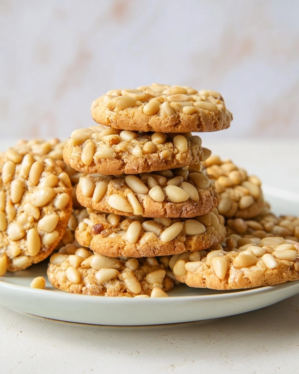 A stack of round cookies is shown on a white plate, each cookie covered with many light tan pine nuts that create a bumpy texture on top. The cookies are golden brown with a slightly rough texture under the nuts, and the nuts are unevenly spread across each cookie’s surface. The stack forms a small pile, with some cookies lying flat and others slightly tilted, showing their thickness. The background is a soft, white marbled texture. photo taken with an iphone --ar 4:5 --v 7