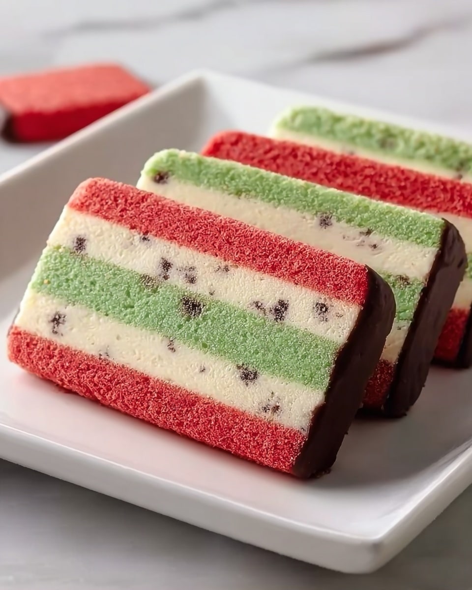 The image shows three rectangular cookies with four distinct horizontal layers, each layer evenly spaced. The top layer is a soft red with a slightly rough texture, the second layer is creamy white with small black specks, the third layer is a smooth green, and the bottom layer returns to the soft red color. The cookies have dark brown edges, suggesting a chocolate coating on the bottom and sides. They are placed neatly on a white square plate with a glossy finish, set against a white marbled surface in the background. Photo taken with an iphone --ar 4:5 --v 7