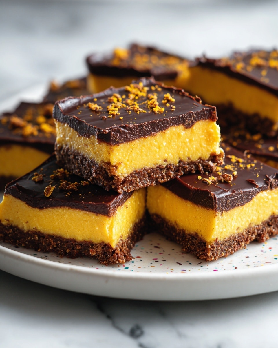 The image shows a crunchy dessert cut into several uneven pieces on a white plate with colorful specks. The dessert has a thick base layer of brown, crumbly texture, followed by a smooth, bright yellow layer on top. The entire top surface and broken pieces are covered with a glossy dark brown layer that looks like melted chocolate spread unevenly. Cracks and crumbs from the broken pieces add a rough look around the dessert. The plate is placed on a white marbled surface. photo taken with an iphone --ar 4:5 --v 7