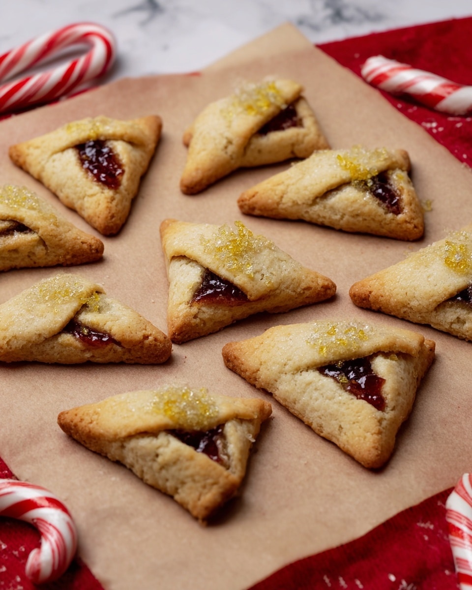 The image shows eleven small, golden-brown cookies with a triangular shape, each folded over and filled with a dark red jam visible at one corner. The cookies have a slightly rough texture and some are topped with small bits of yellow zest or sugar crystals that add a sparkly look. They are placed irregularly on a piece of light brown parchment paper, which rests on a white marbled surface covered partially by a festive red cloth. Around the edges, there are some candy canes and red decorations that add a holiday feel. Photo taken with an iphone --ar 4:5 --v 7