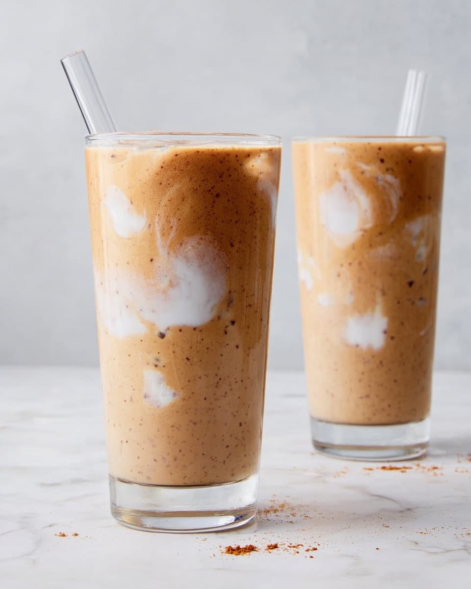 Two tall clear glass cups sit on a white marbled surface with a light background. Each glass contains a drink with a thick beige base that has small dark specks in it, and scattered smooth white patches mixed in at different heights, giving a marbled effect inside the glass. One glass is closer to the left with a clear straw, and the other is slightly behind to the right, also with a clear straw. There are some small brown crumbs scattered near the base of the glasses. photo taken with an iphone --ar 4:5 --v 7