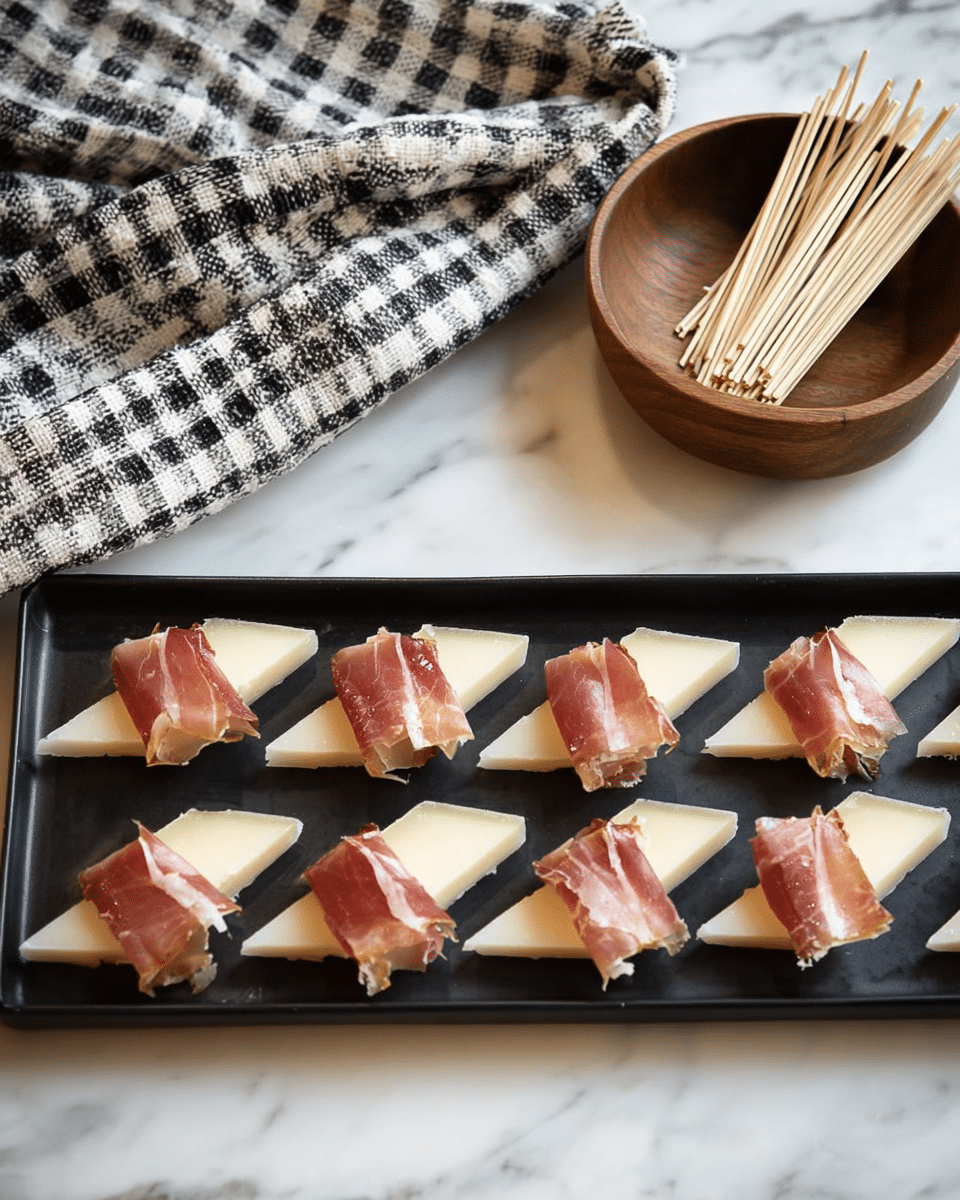 A long black rectangular plate holds nine pieces of food arranged in a single row, each piece made of two layers: a bottom layer of a long, narrow, pale yellow slice of cheese shaped like a diamond and a top layer of thin pink slices of prosciutto wrapped around the middle of the cheese. The plate is placed on a white marbled surface with a black and white checkered cloth partially underneath. At the top right side, there is a small round wooden bowl filled with toothpicks. photo taken with an iphone --ar 4:5 --v 7