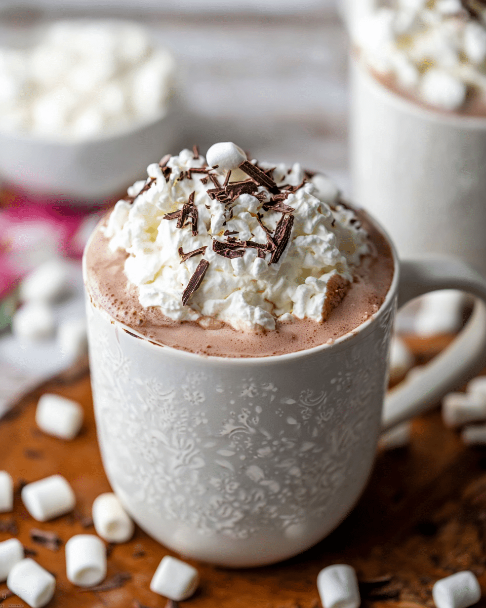 A white ceramic mug with a pattern near the base is filled with three visible layers: the bottom layer is light brown hot chocolate, the middle layer is fluffy white whipped cream in uneven dollops, and the top is garnished with scattered small white marshmallows and thin dark chocolate shavings. The mug is placed on a wooden surface scattered with mini marshmallows, with a blurred bowl of whipped cream and another white mug in the background, all set on a white marbled texture. photo taken with an iphone --ar 4:5 --v 7