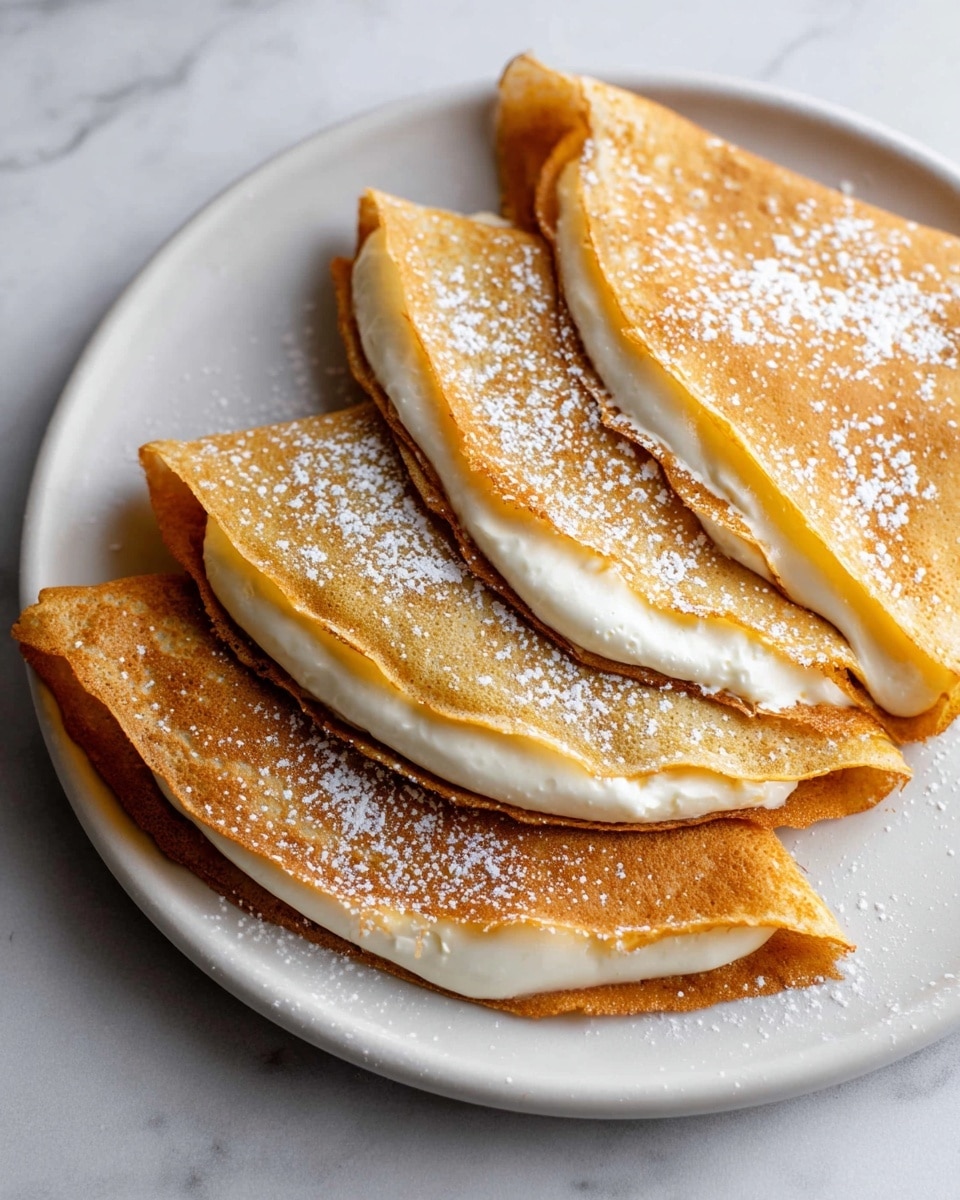 The image shows three folded crepes on a white plate, each with two visible layers of golden brown crepe and white creamy filling in between, folded into a triangle shape. The crepes have a smooth texture with a light dusting of powdered sugar on top. The plate is placed on a white marbled surface, creating a clean and bright background. photo taken with an iphone --ar 4:5 --v 7