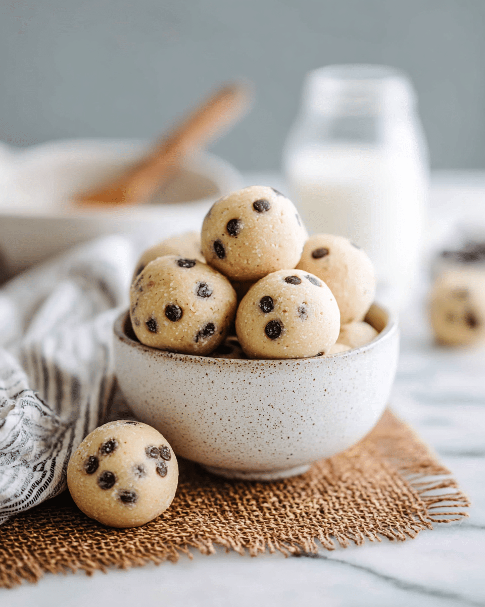 A bowl filled with several round, light beige cookie dough balls dotted with small dark chocolate chips, stacked tightly inside a white bowl with a rustic speckled texture. Two dough balls sit outside the bowl on a brown woven mat, which contrasts with the white marbled surface underneath. In the blurry background, there is a glass bottle of milk and a white bowl with a wooden spoon resting inside, along with a softly folded white and gray striped cloth nearby. The scene is softly lit and inviting, photo taken with an iphone --ar 4:5 --v 7