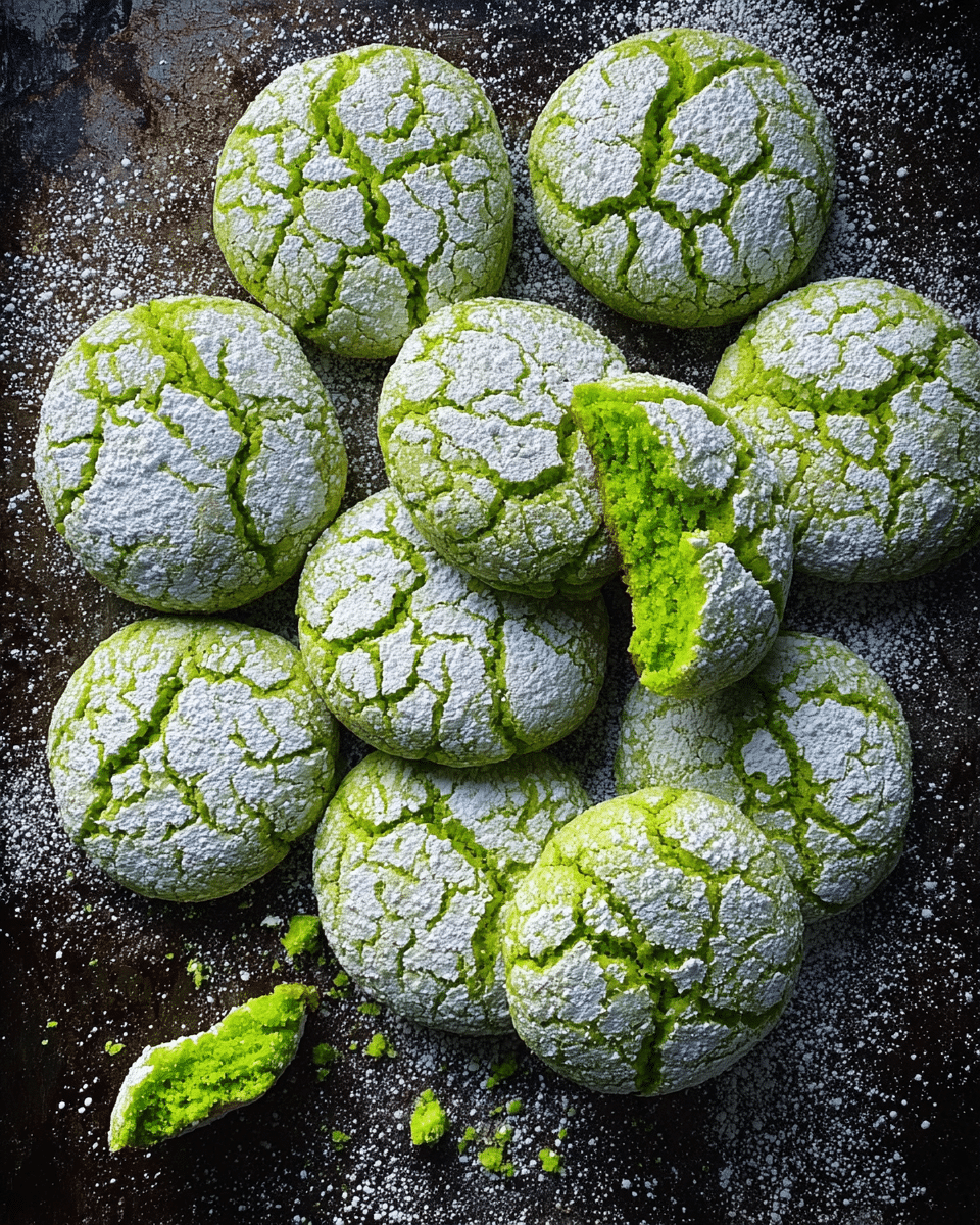 A group of bright green round cookies with a cracked surface coated in white powdered sugar, arranged closely together on a dark baking tray; one cookie is broken in half showing a soft, crumbly, vivid green interior, and a few scattered crumbs and powdered sugar dust surround the cookies on the tray, photo taken with an iphone --ar 4:5 --v 7