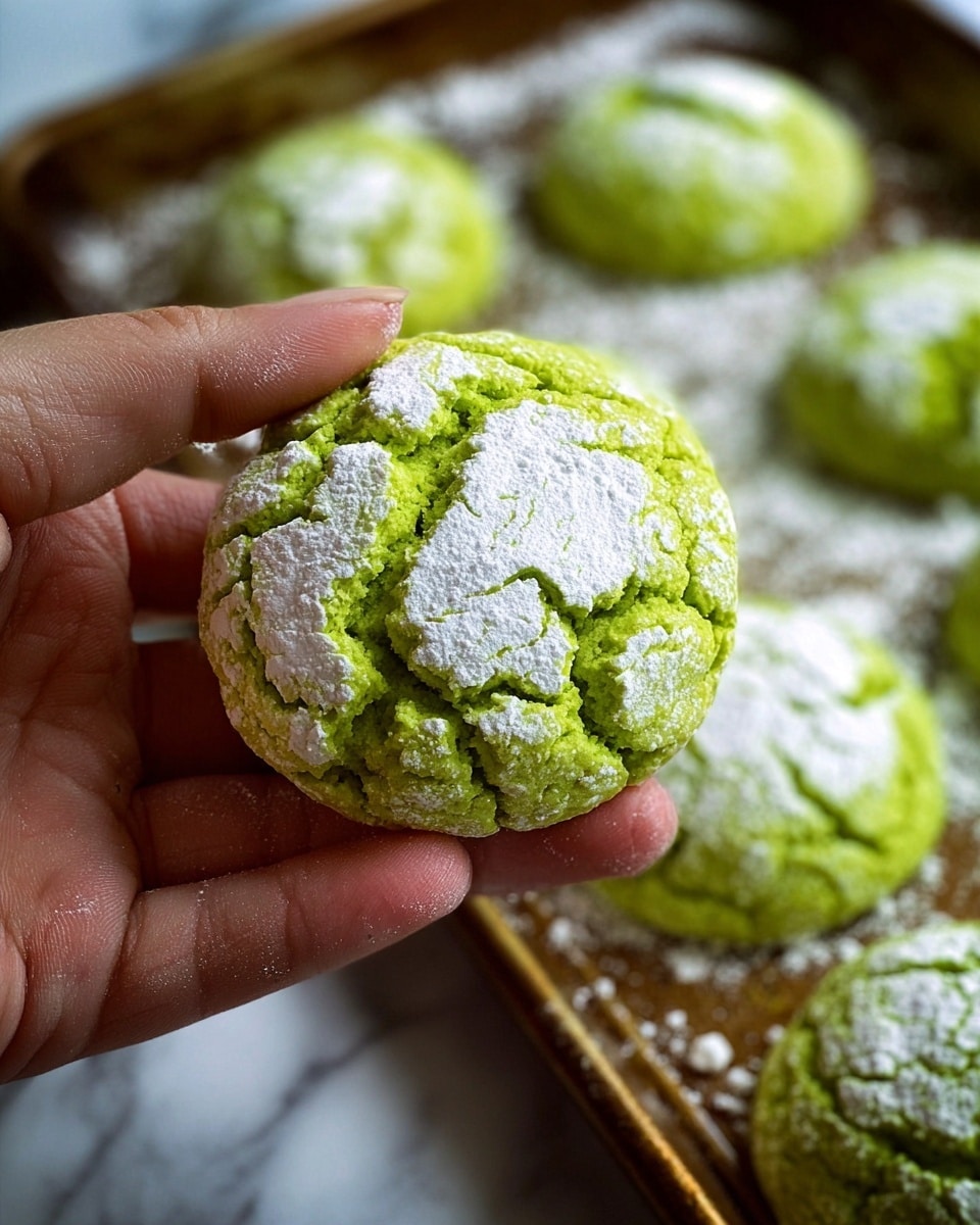 A close-up shows a bright green cookie covered in uneven patches of white powdered sugar, creating a cracked texture. The cookie looks soft and slightly bumpy. A woman's hand gently holds one cookie near the center, while others lie on an old brown baking tray dusted with powdered sugar, all set against a white marbled surface. Photo taken with an iphone --ar 4:5 --v 7