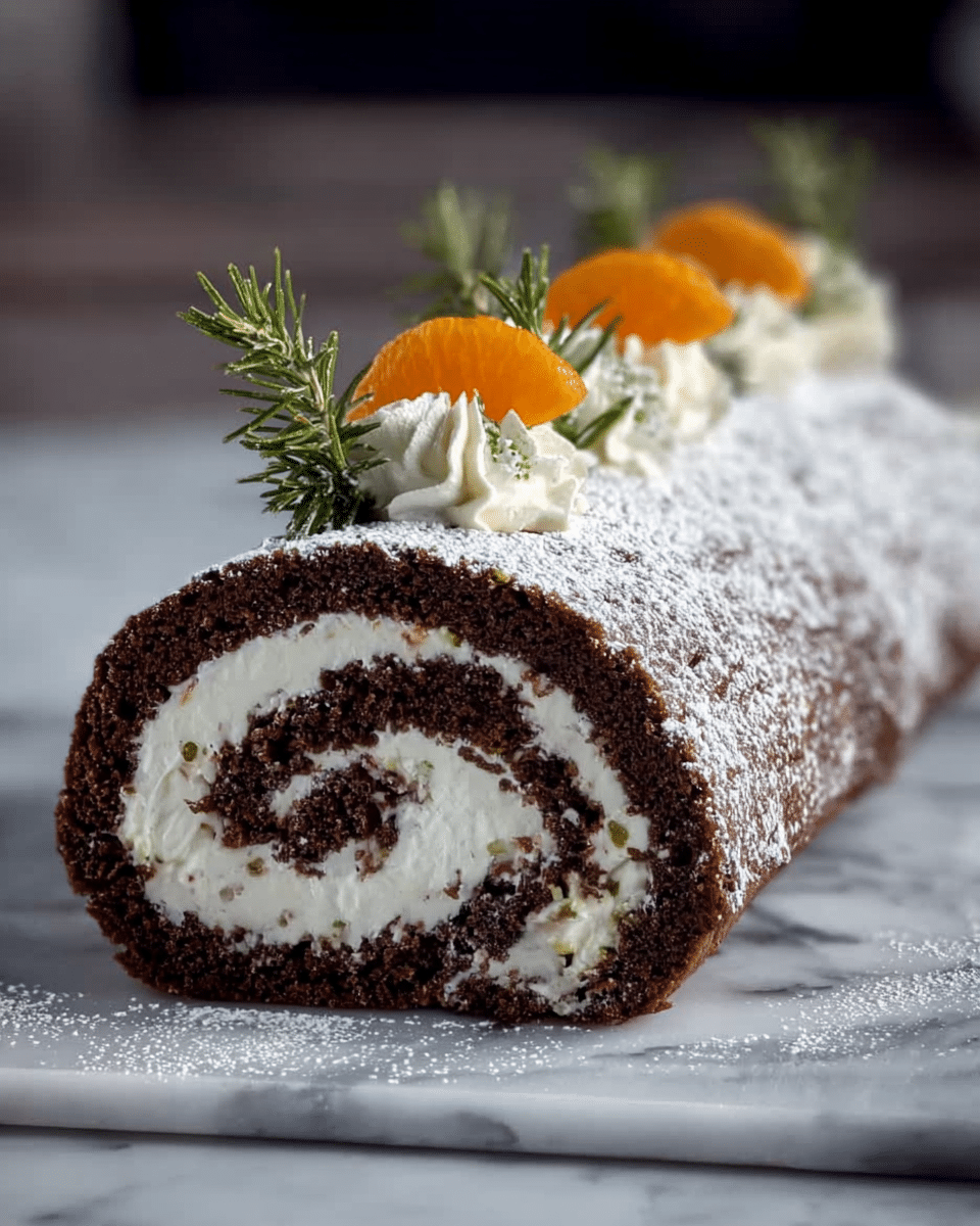 A chocolate roll cake placed on a white marbled texture, dusted with powdered sugar over its top and sides, showing a visible spiral pattern of dark brown chocolate cake and creamy white filling with three layers inside. The top of the roll is decorated with a row of white whipped cream dollops, each topped with small, bright orange kumquat slices and sprigs of green rosemary, with a cinnamon stick placed among the decorations near the left side. The cake's texture looks soft and moist, and the decoration adds a fresh and festive look. Photo taken with an iphone --ar 4:5 --v 7