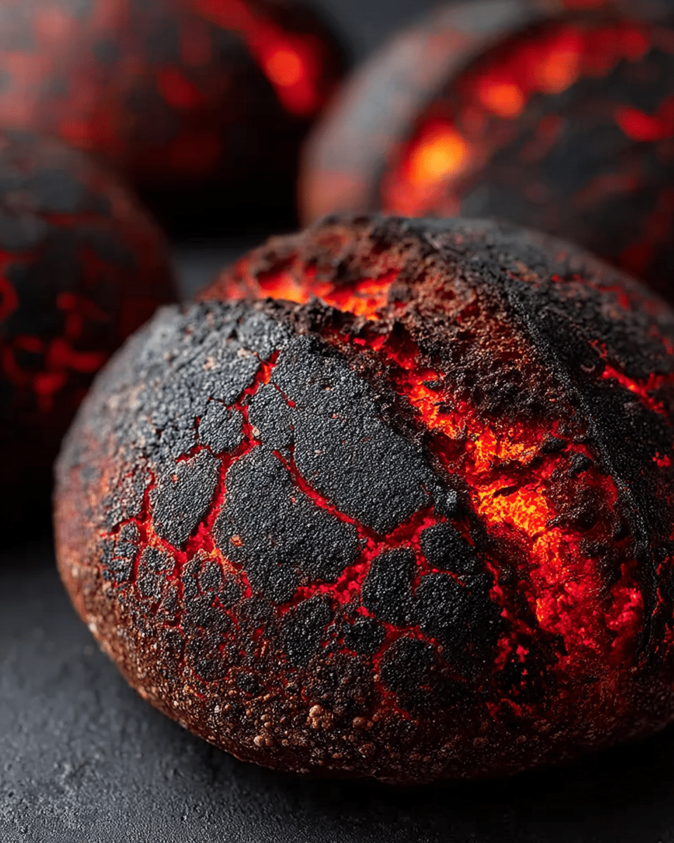 The image shows several round dark black buns with a cracked surface that glows with bright red like hot lava beneath the crust. Each bun’s texture is rough and crunchy on the outside, with vivid red glowing lines spreading unevenly around the top and sides. The buns are placed closely together on a white ornate silver tray with detailed patterns on the edges. The background features a white marbled texture, giving a clean and elegant feel to the scene. photo taken with an iphone --ar 4:5 --v 7