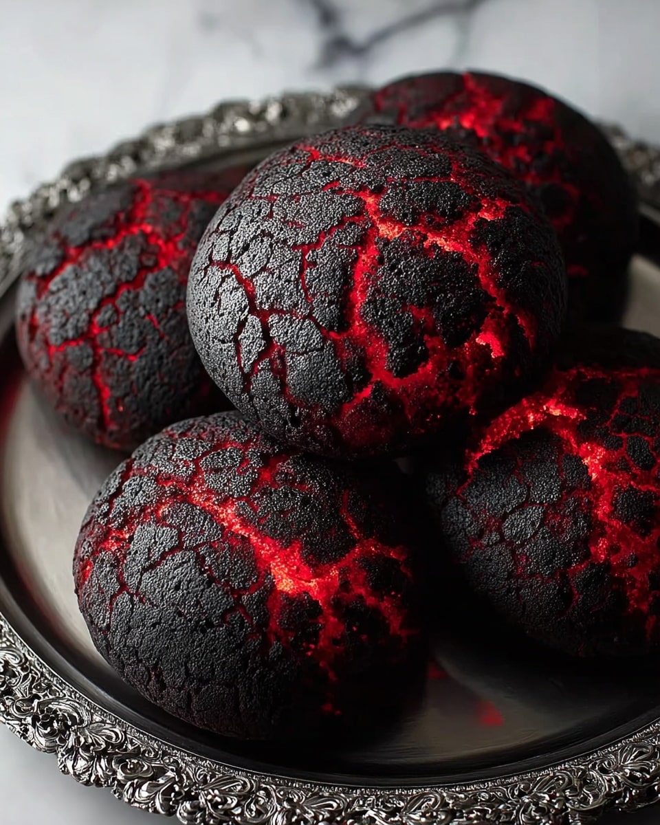 The image shows a close-up of a round loaf of bread with a cracked, blackened crust that looks like cooled lava rock. The cracks in the crust reveal a bright red, glowing layer underneath, giving the bread a fiery, volcanic appearance. The surface texture of the crust is rough and cracked in irregular patterns, and the bread sits on a dark background that contrasts with the glowing red cracks. Around the main bread, blurred similar loaves are visible, also showing the black and red cracked patterns. photo taken with an iphone --ar 4:5 --v 7