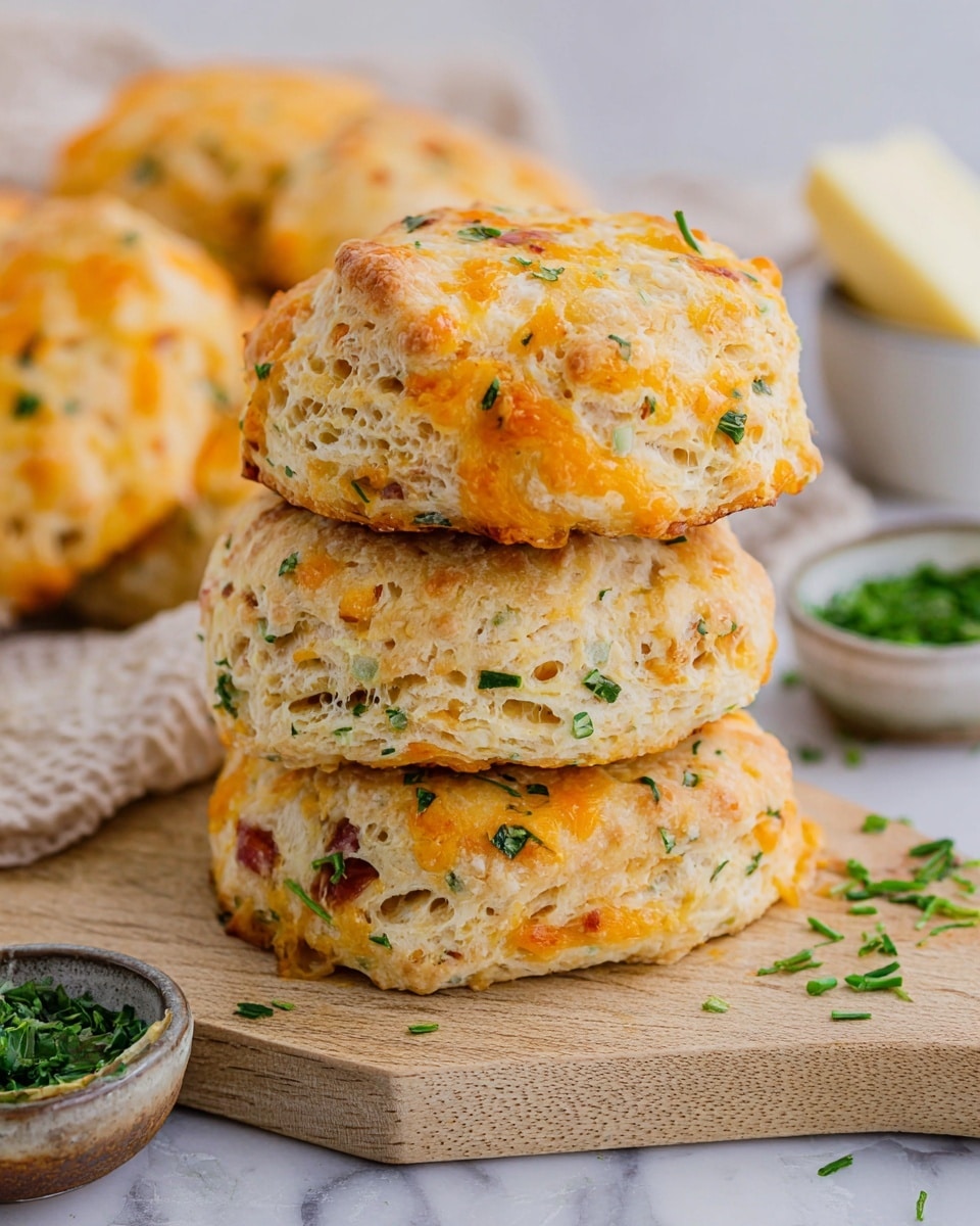 The image shows a pile of nine golden brown square biscuits with a slightly rough and flaky texture, scattered with small green herb bits and tiny red pieces, all resting on crumpled light parchment paper over a wooden board. The biscuits have a warm, unevenly toasted color, with hints of cheese and herbs baked into the surface, giving them a savory, rustic appearance. Around the biscuits, there are small white bowls holding finely chopped green herbs, placed on a white marbled surface, adding fresh green accents. The scene captures a cozy, homemade feeling with natural lighting enhancing the warm colors and textures. photo taken with an iphone --ar 4:5 --v 7