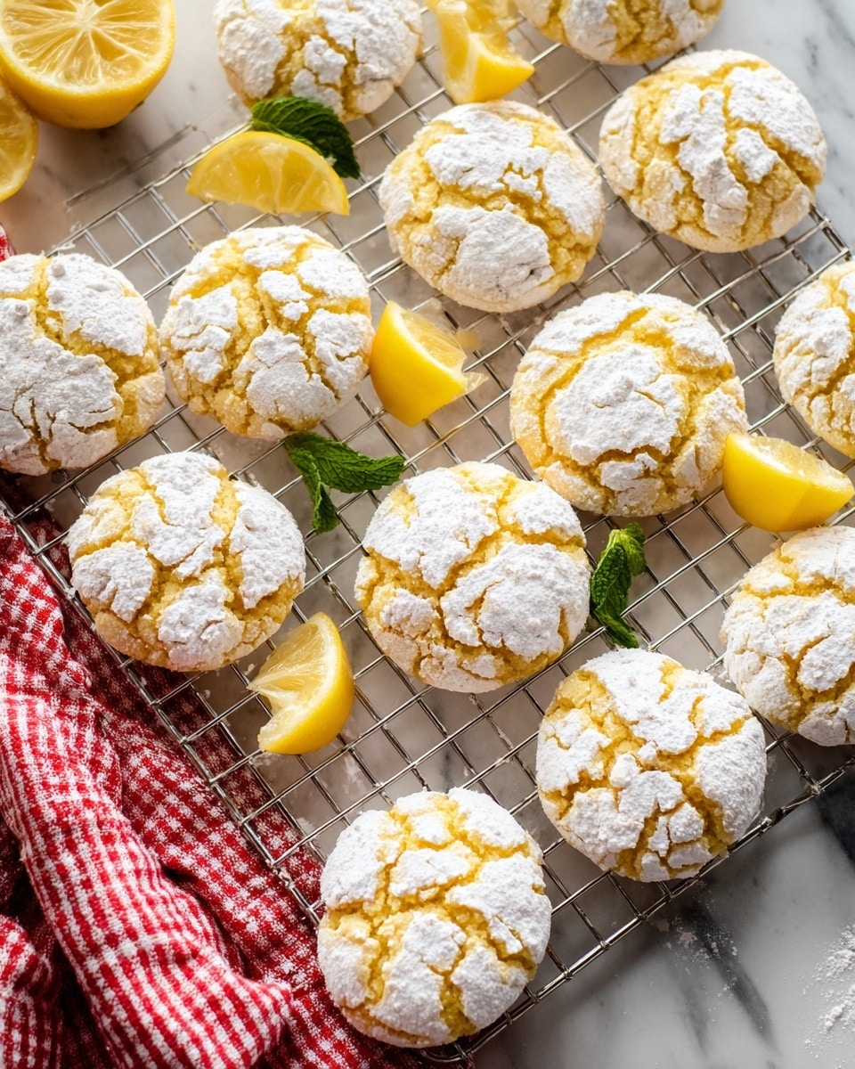 A stack of five round lemon crinkle cookies is shown on a black cooling rack over a white marbled surface. The cookies have a pale yellow color with a soft, crumbly texture and are coated with a generous layer of white powdered sugar that cracks across the surface. The top cookie is broken in half, revealing a dense, moist inside that looks light yellow and slightly spongy. A slice of lemon is partially visible near the base of the rack, with blurred lemons in the light background. Photo taken with an iphone --ar 4:5 --v 7