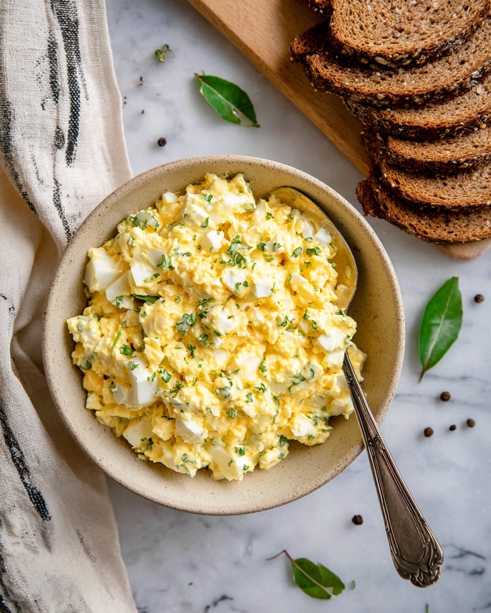 A close-up view of a creamy egg salad in a white bowl with a slightly speckled texture, showing about two layers of chopped hard-boiled eggs mixed with a yellowish mayonnaise dressing, small green herb leaves scattered throughout, and some white shredded bits adding texture on top; a silver fork is partially inserted into the salad, resting against the side of the bowl, all set on a white marbled surface. photo taken with an iphone --ar 4:5 --v 7