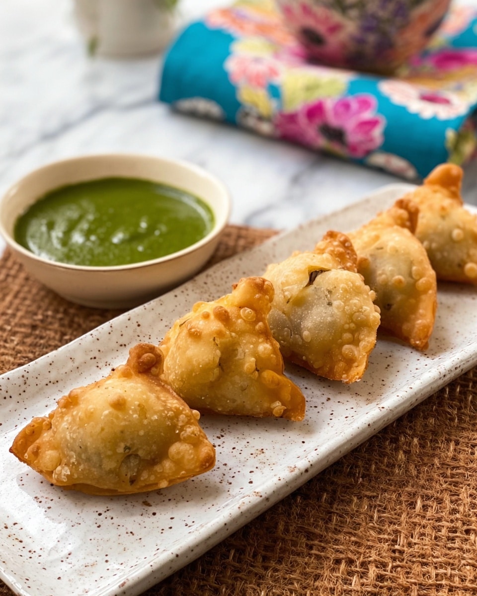 Five golden-brown samosas with a crispy, bubbled texture sit in a neat row on a long, white, speckled ceramic plate. To the left of the samosas is a small, off-white bowl filled with bright green chutney that has a smooth, slightly oily surface. The plate rests on a brown woven mat, set against a white marbled surface, with a colorful, floral-patterned bowl and a cloth with blue and pink prints blurred softly in the background. photo taken with an iphone --ar 4:5 --v 7