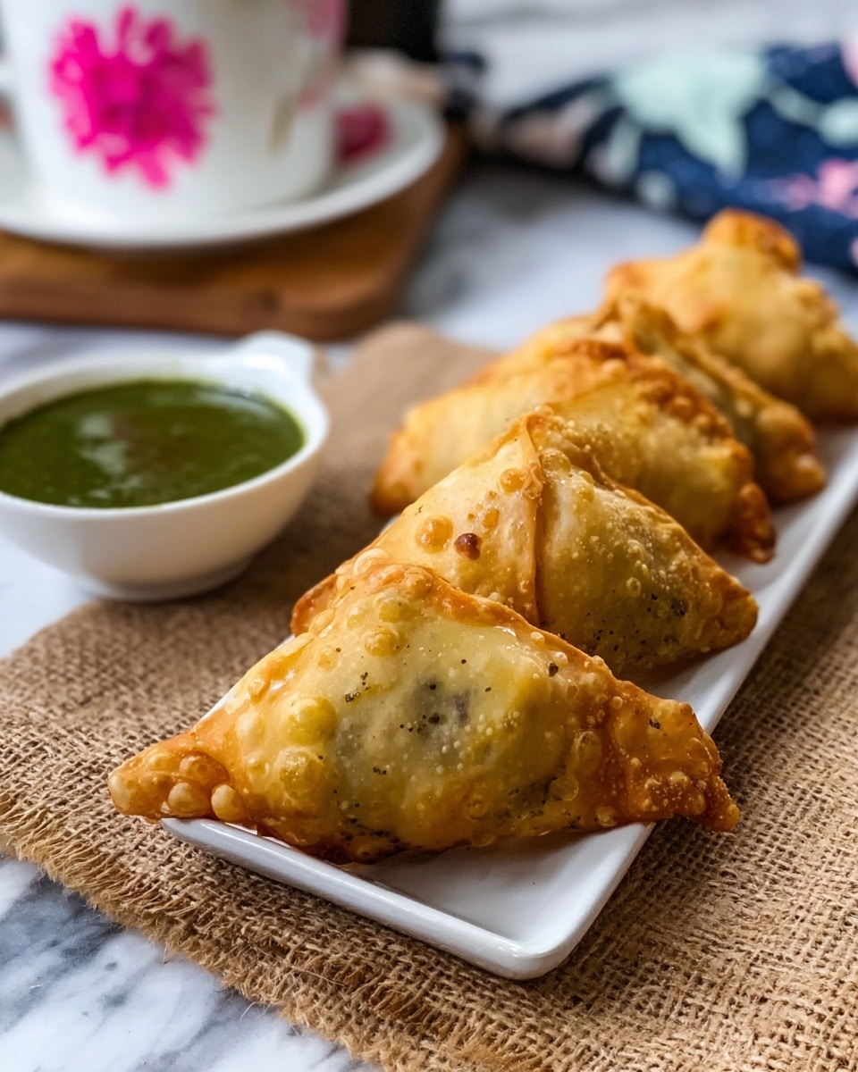 Five golden brown samosas with a crispy, bubbly texture are placed in a neat row on a long white rectangular plate. To the left of the samosas is a small white bowl filled with a smooth, dark green chutney. The plate rests on a piece of rough burlap fabric that lies on a white marbled surface. In the background, there is a blurred white bowl with pink floral patterns and a white cloth with blue and black patterns. The lighting highlights the samosas' texture and the shiny surface of the chutney. photo taken with an iphone --ar 4:5 --v 7