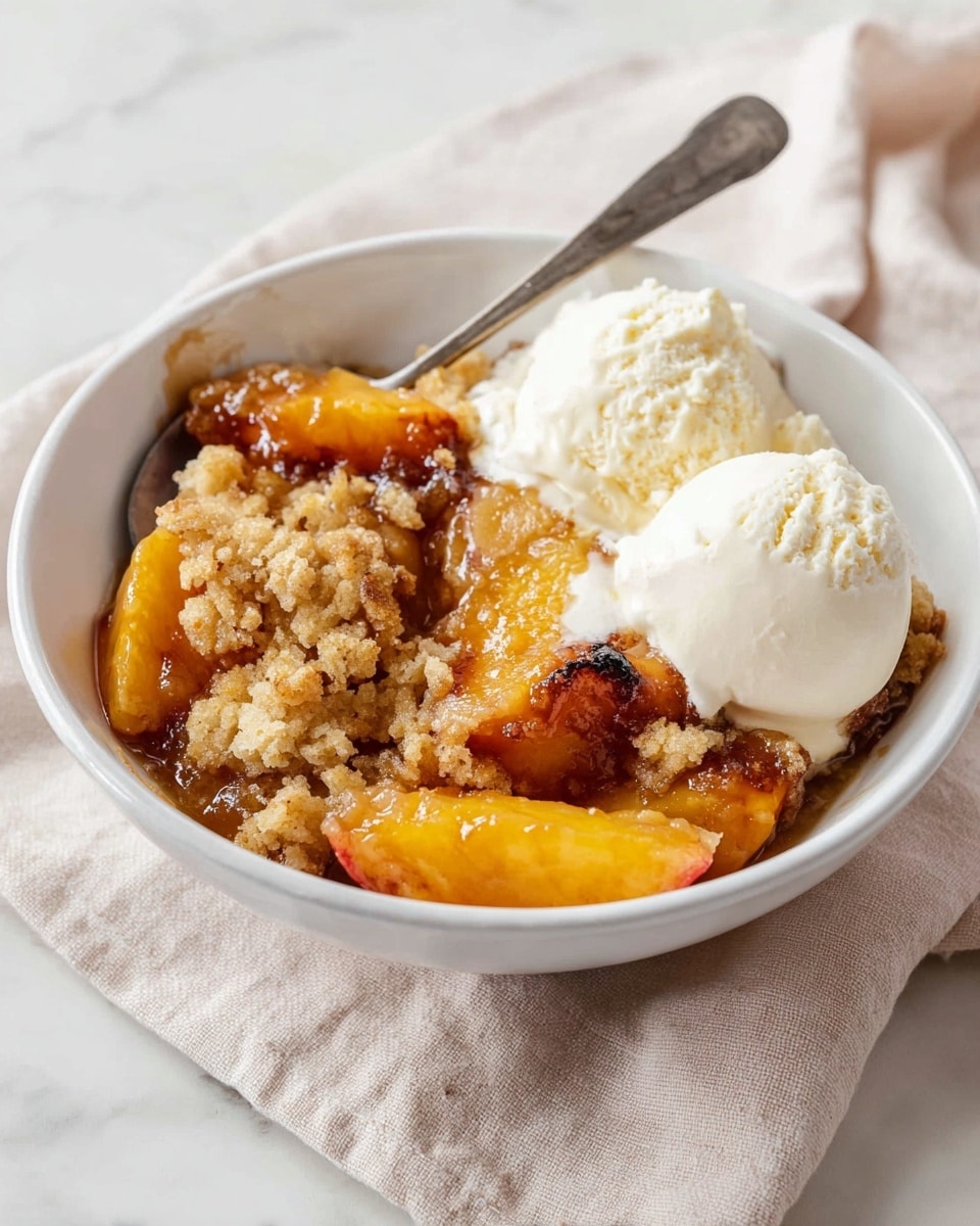 The dish shows a white bowl filled with a peach cobbler dessert. The base layer is made of soft, warm peach slices in a shiny syrupy glaze that is golden orange in color. On top of the peaches is a rough, crumbly, golden brown baked crust with some darker toasted spots, creating a crisp texture layer. Alongside the peach cobbler, there are two round, creamy scoops of white vanilla ice cream slightly melting into the warm fruit and crust. A silver spoon rests inside the bowl, and the bowl sits on a soft beige cloth, placed on a white marbled surface. photo taken with an iphone --ar 4:5 --v 7