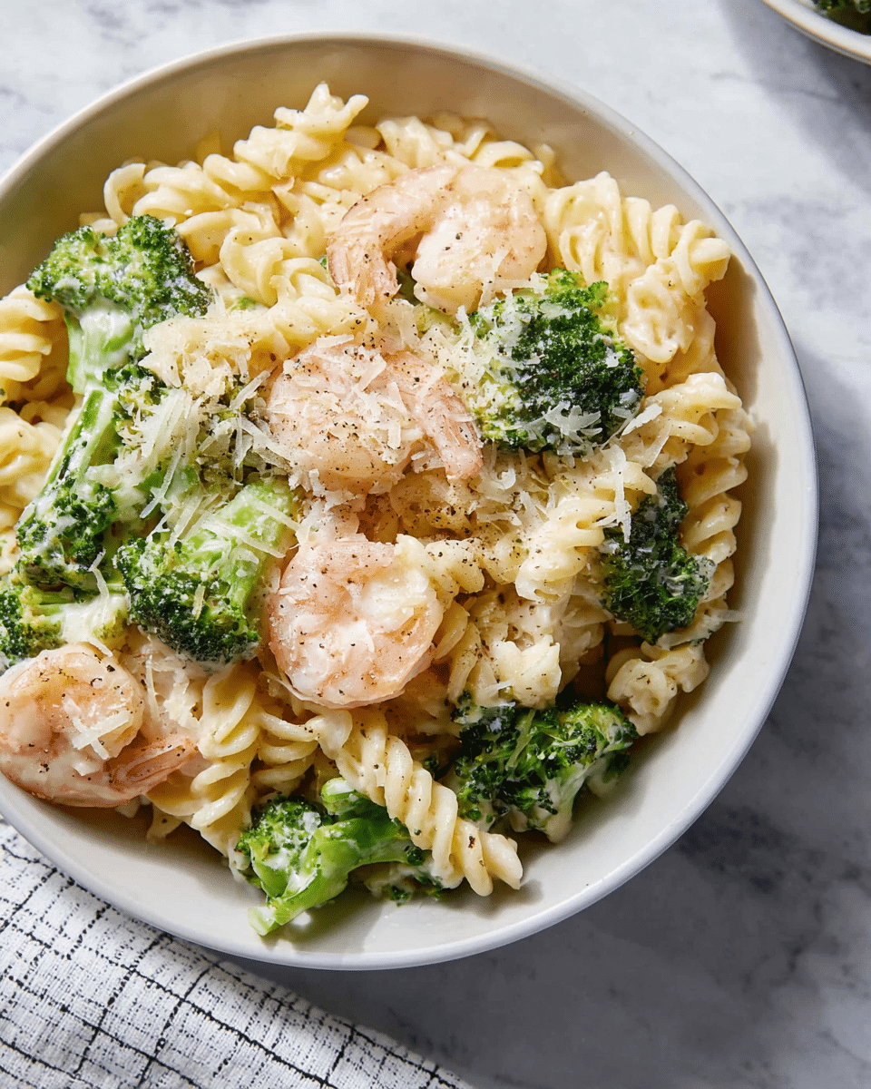 A white bowl filled with a creamy pasta dish featuring three main layers: firm, spiral-shaped pasta in a light cream sauce forms the base layer, mixed with vibrant green broccoli florets that provide a fresh, textured contrast; on top, pink shrimp are scattered, cooked to a tender and juicy look with a slight gloss; sprinkled over everything is a light dusting of grated cheese and a few cracks of black pepper, adding a speckled texture to the dish. The bowl sits on a white marbled surface with part of a white and black checkered cloth visible in one corner. Photo taken with an iphone --ar 4:5 --v 7