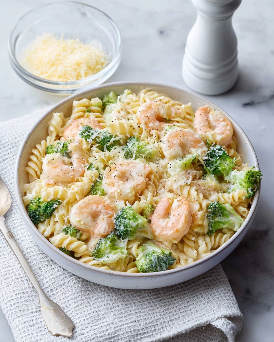 A white bowl filled with creamy pasta made of three main layers: at the bottom, light cream-colored rotini pasta, mixed with small bright green broccoli florets scattered evenly throughout; on top, medium-sized shrimp with a soft pink-orange color lay gently among the pasta and broccoli; the entire dish is coated with a smooth white sauce and sprinkled with small black pepper specks and grated pale yellow cheese. Next to the bowl, a small clear glass bowl holds grated cheese, and a white pepper grinder stands nearby, all set on a white marbled texture surface with a white textured cloth partially underneath. Photo taken with an iphone --ar 4:5 --v 7