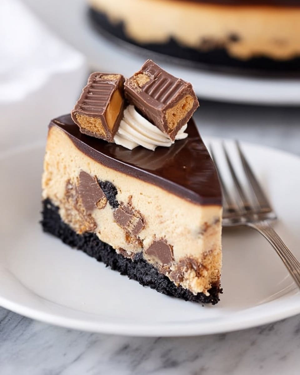 A slice of cheesecake sits on a white plate with a dark chocolate cookie crust at the bottom, looking crumbly and dense. The thick cheesecake layer above is light tan with visible chunks of peanut butter cups embedded inside, giving it a varied texture and color. On top, there is a smooth, shiny dark chocolate ganache layer, creating a glossy finish. A dollop of creamy light beige whipped topping rests in the center, crowned with several pieces of chopped peanut butter cups adding some height and contrast. The plate is placed on a white marbled surface, and a fork is resting on the plate beside the slice. Photo taken with an iphone --ar 4:5 --v 7