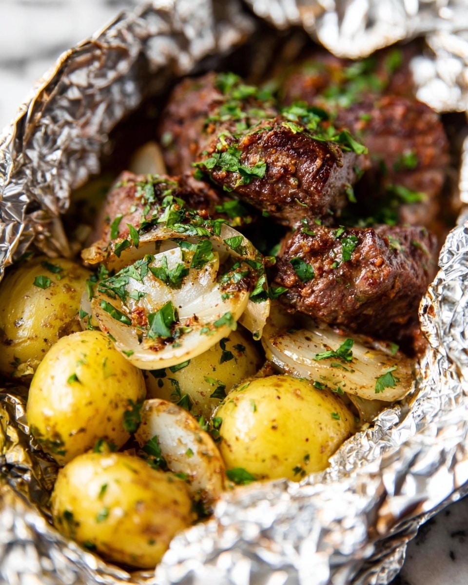 The image shows a close-up of a foil packet with two visible layers. The top layer is browned, juicy chunks of meat sprinkled with fresh, chopped green herbs. Beneath the meat, the second layer consists of small, golden-yellow roasted potatoes mixed with thin, pale yellow slices of onions and scattered green herbs. The foil packet edges are crinkled and shiny, holding the food inside. The background has a white marbled texture. Photo taken with an iphone --ar 4:5 --v 7