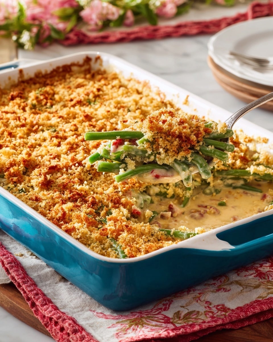 A close-up of a white rectangular baking dish filled with a creamy green bean casserole topped with a golden, crispy breadcrumb layer. The casserole has two main layers: the bottom showing green beans and small red bits mixed in a rich, light beige creamy sauce, and the top covered with a textured, crunchy golden crumb crust. A spoon is lifting a serving from the dish, showing the green beans coated in the creamy sauce with the crumb topping clinging to them. The dish is placed on a white marbled surface with a hint of floral decoration and a folded red and white cloth nearby. photo taken with an iphone --ar 4:5 --v 7